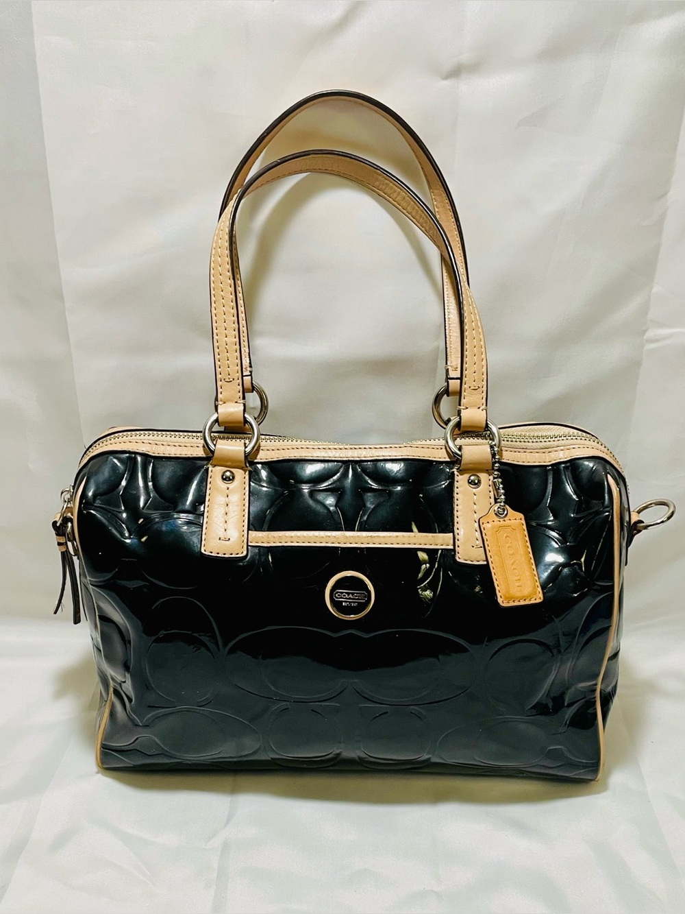 Coach Peyton Signature Stripe Embossed Patent Leather Satchel